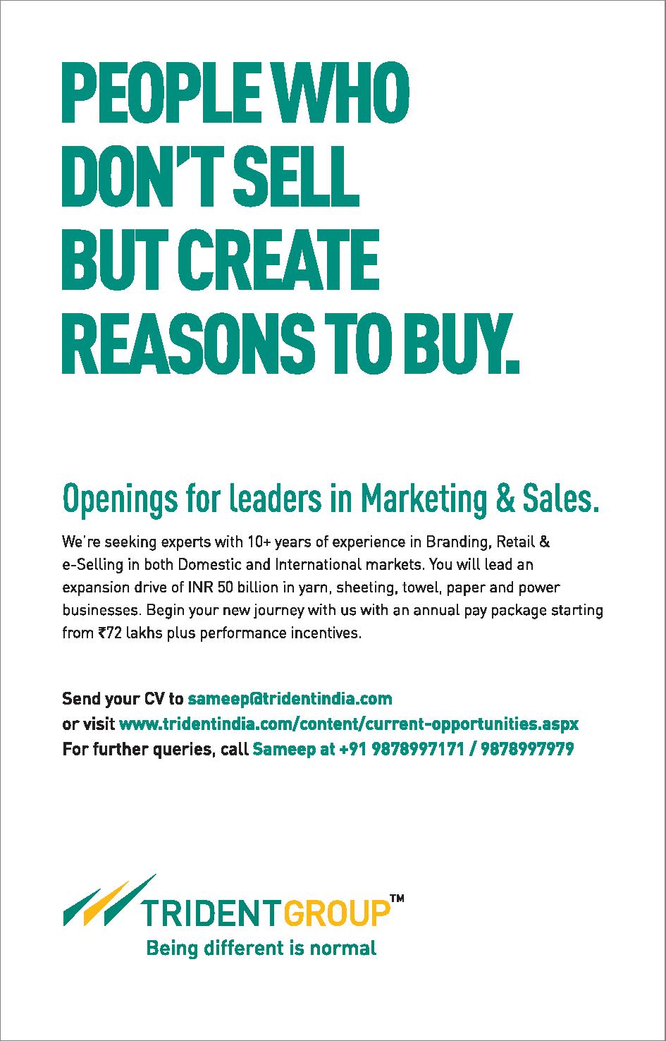 Leaders In Marketing &amp; Sales job vacancy at Trident Group