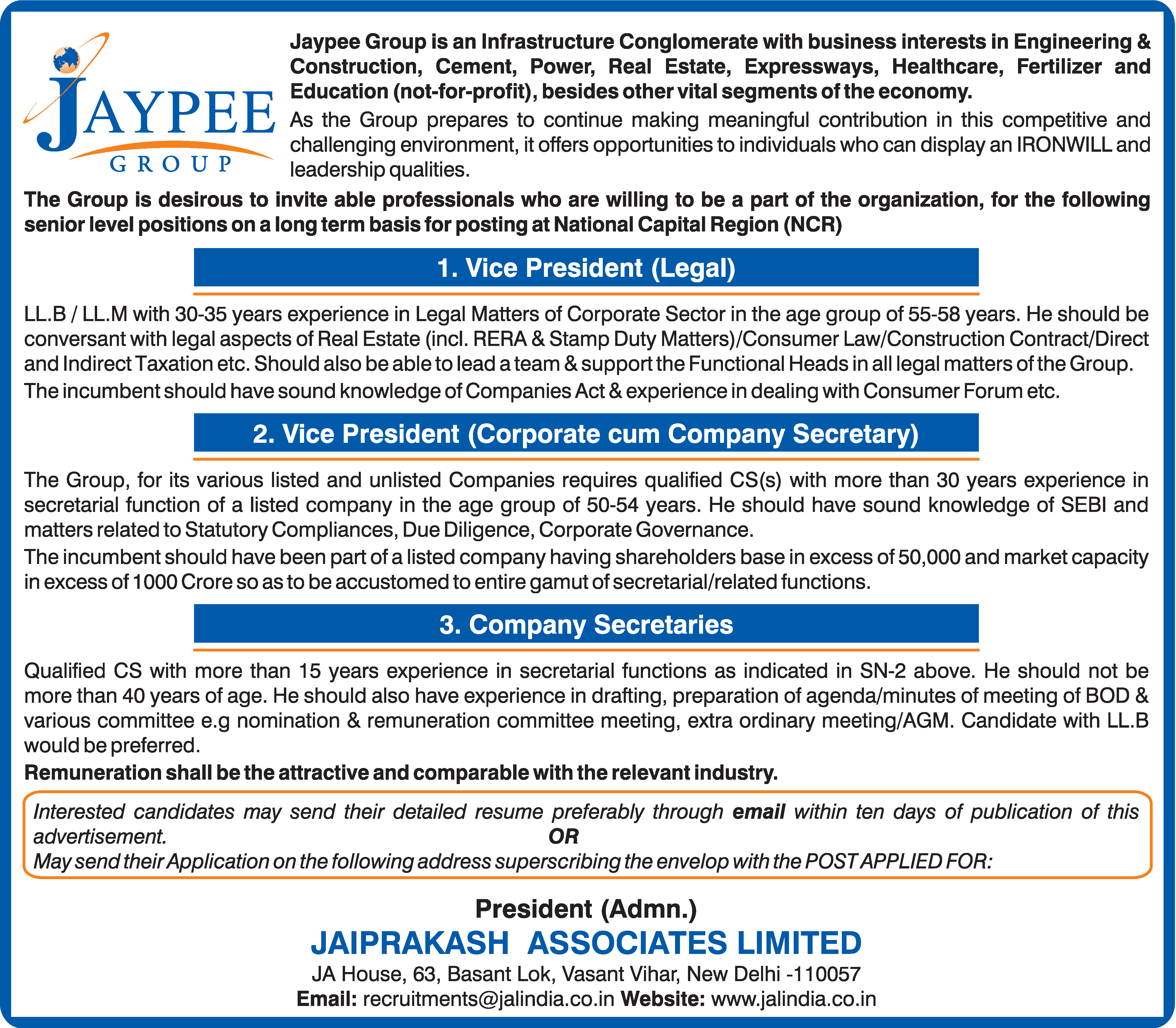 Company Secretaries job vacancy at Jaypee Group