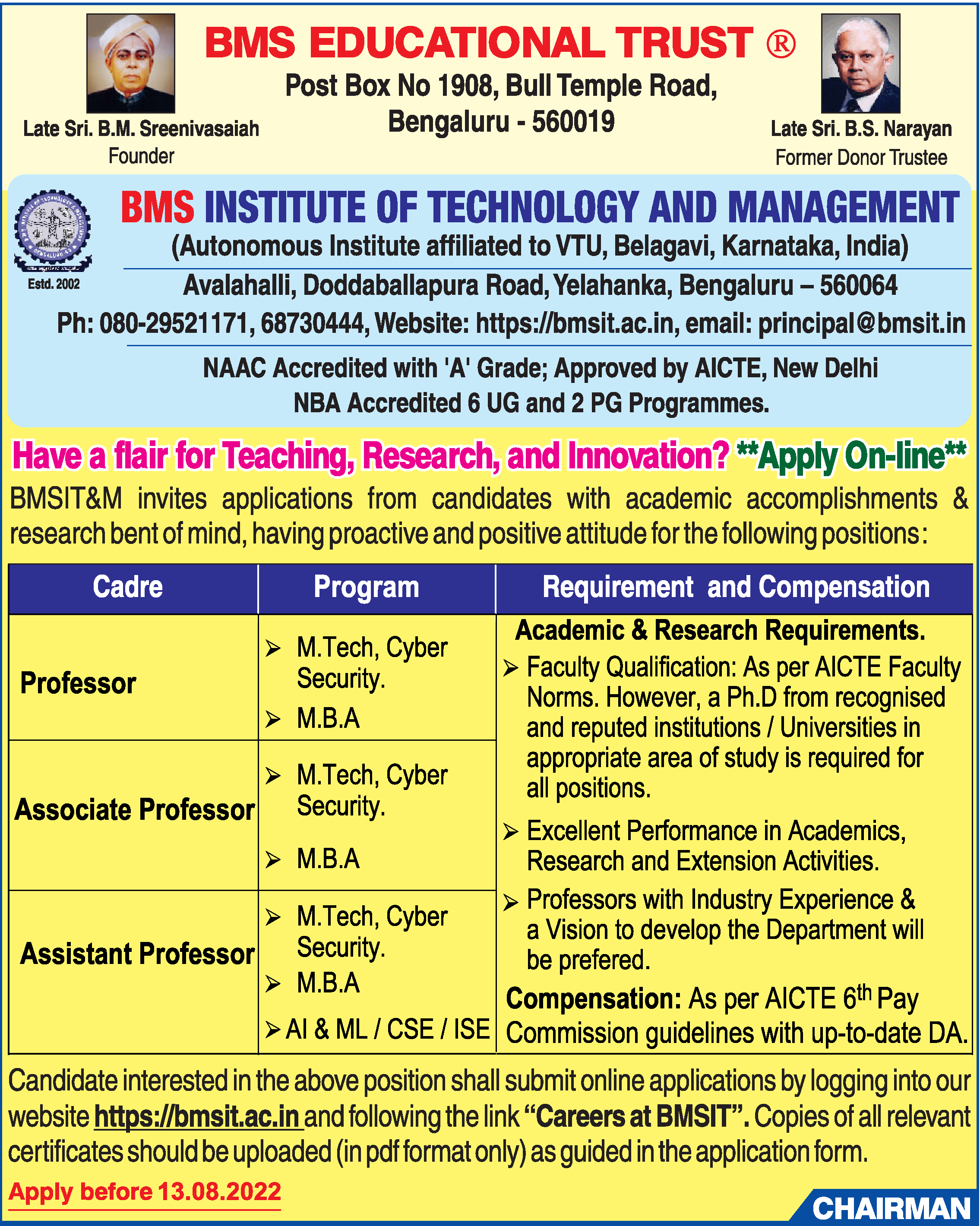 Associate Professor job vacancy at BMS Institute of Technology And