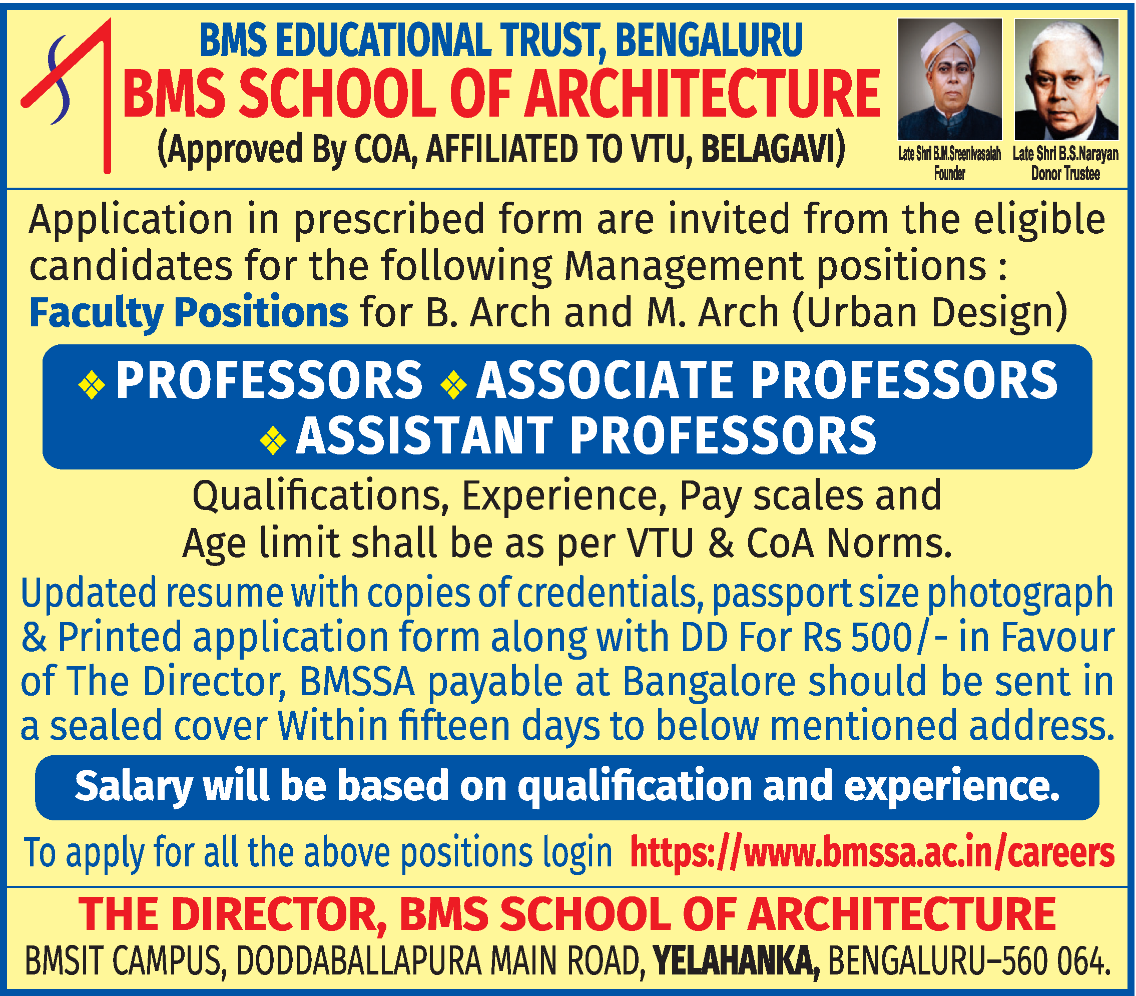 Professors job vacancy at BMS School of Architecture
