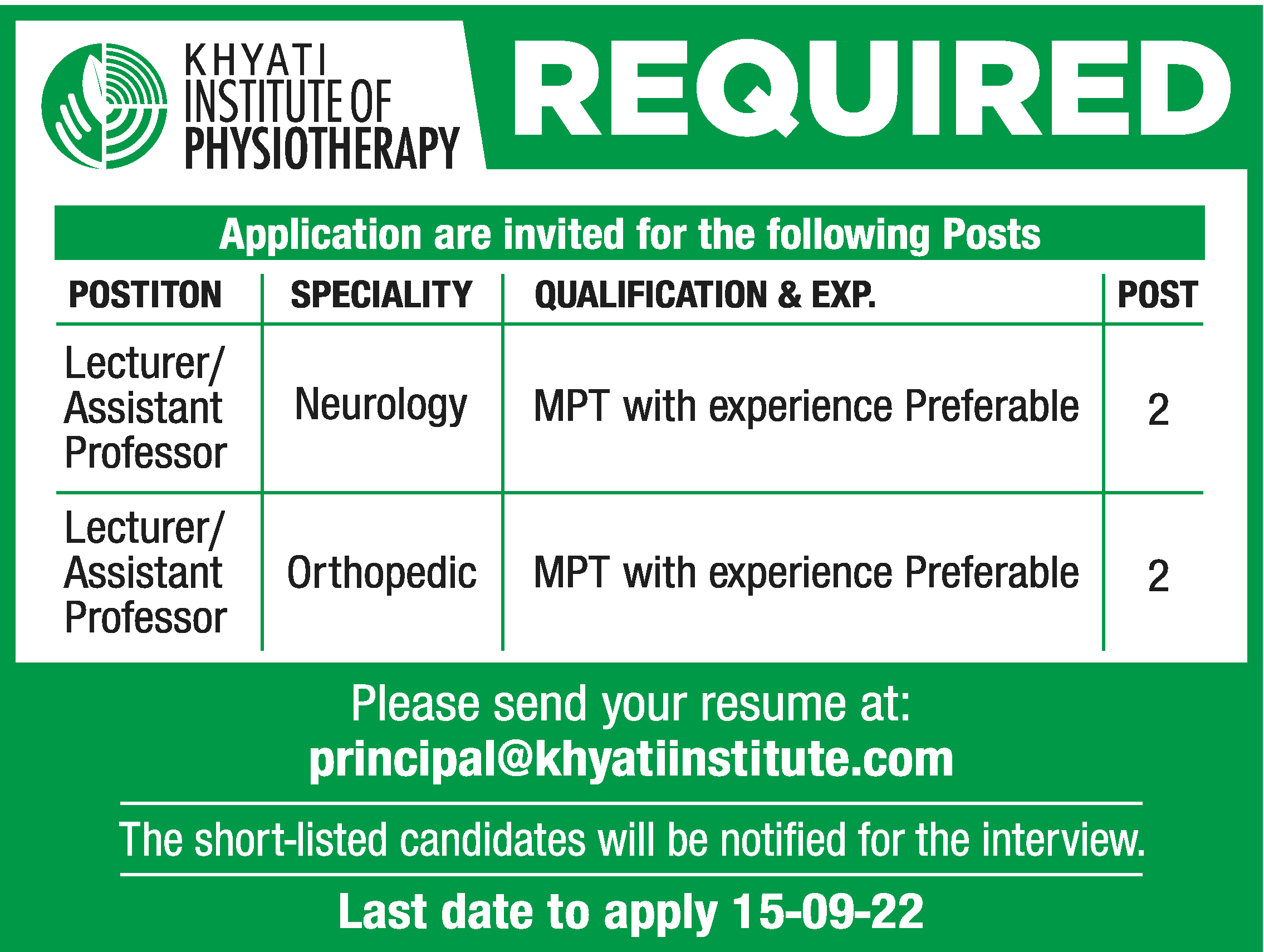 Lecturer/ Assistant Professor (Orthopedic) job vacancy at Khyati