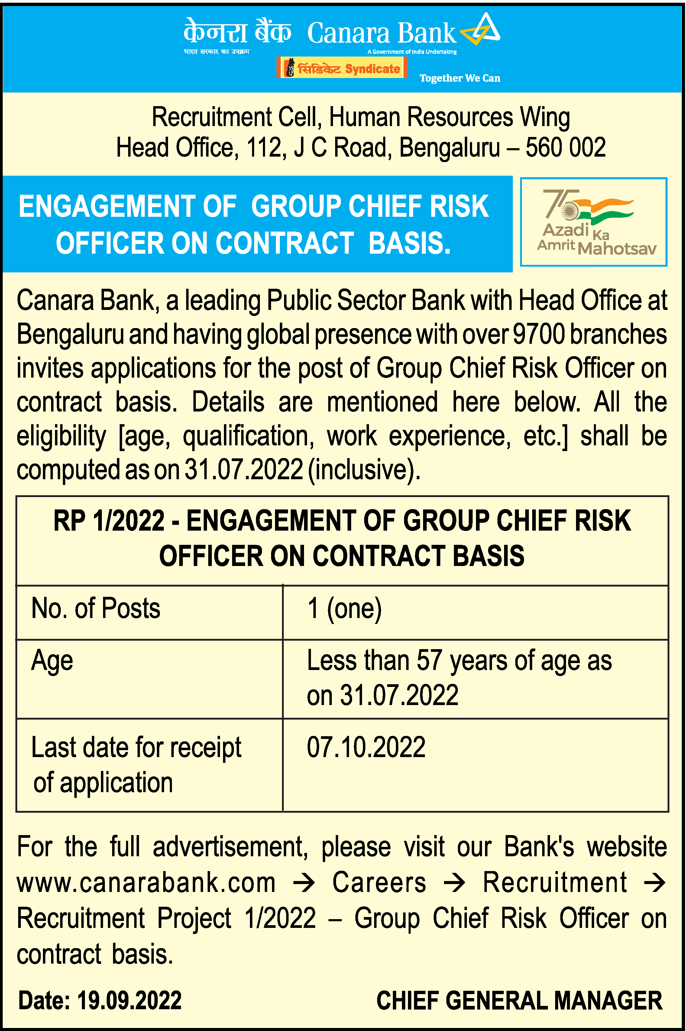Group Chief Risk Officer job vacancy at Canara Bank