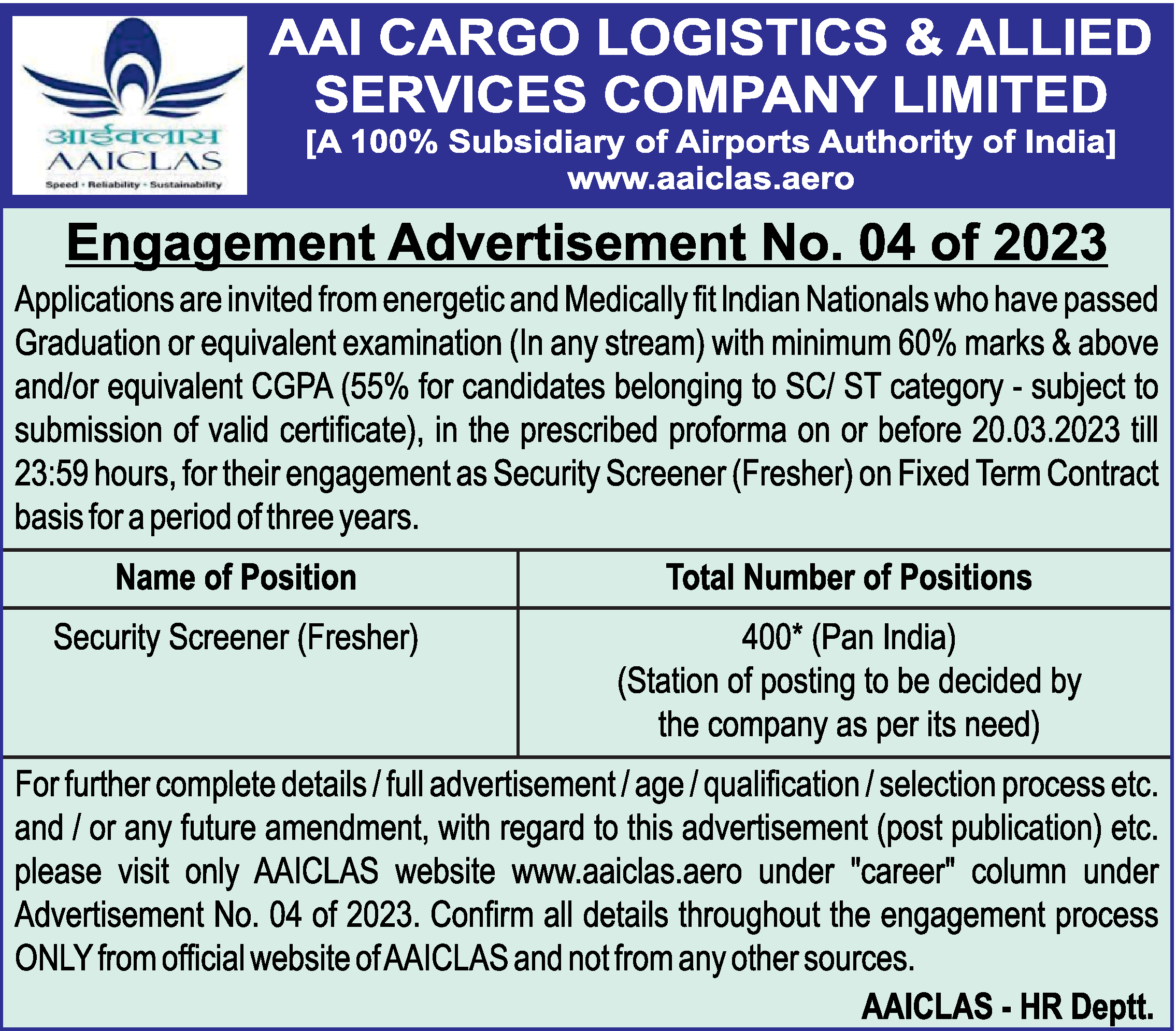 Security Screener job vacancy at AAI Cargo Logistics and Allied
