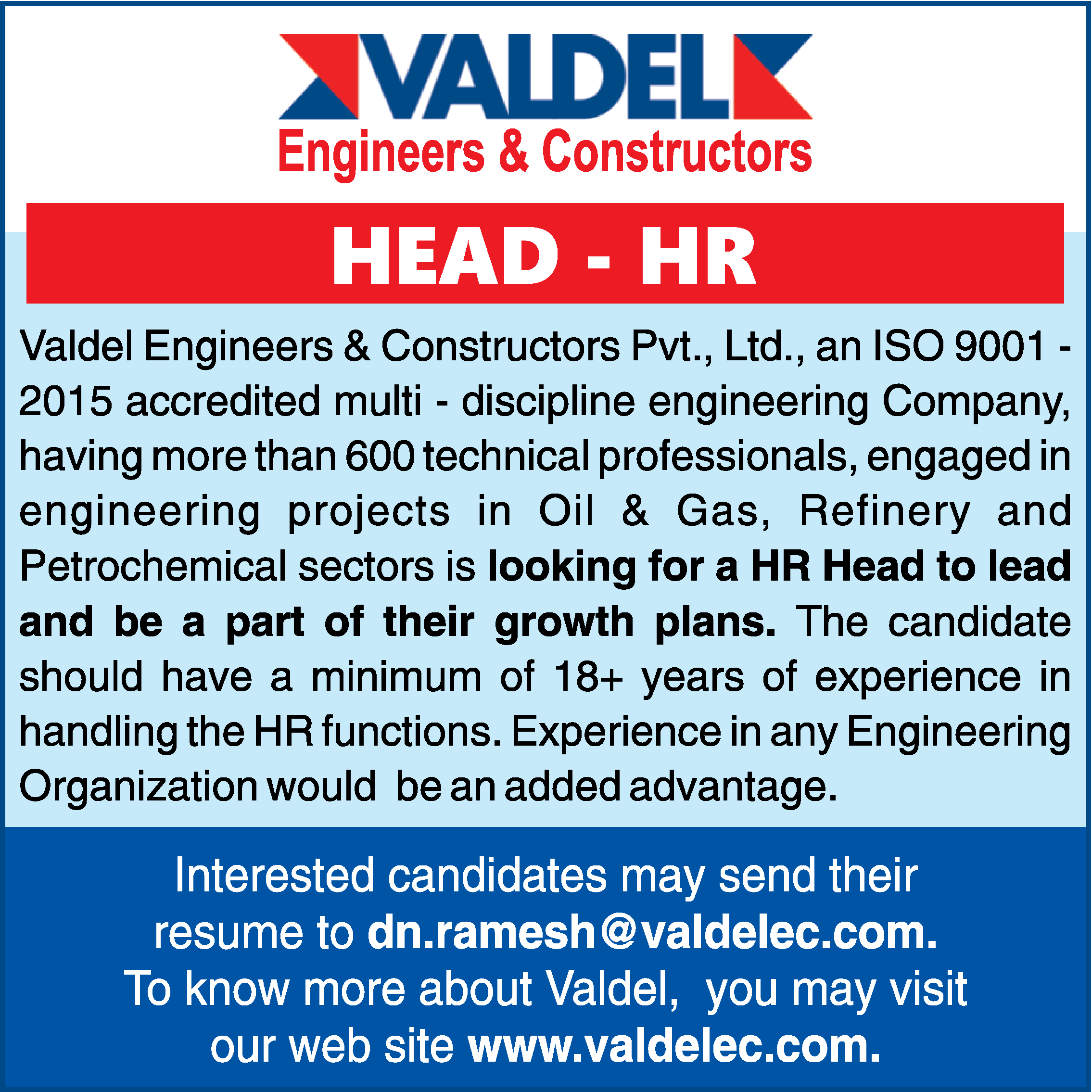 Head HR job vacancy at Valdel Engineers and Constructors Pvt. Ltd.