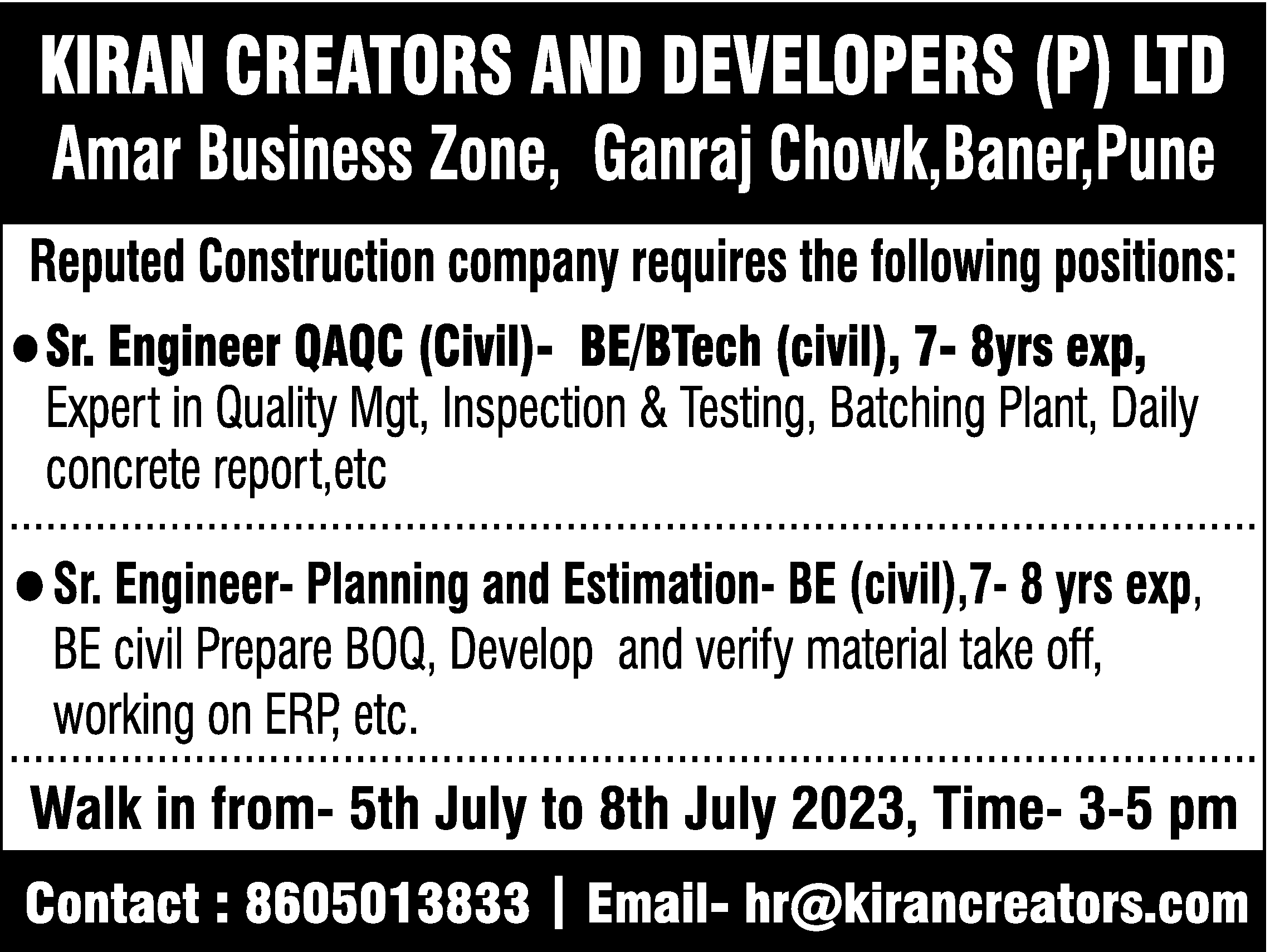 Times Ascent Ad Image for Kiran Creators & Developers (P) Ltd