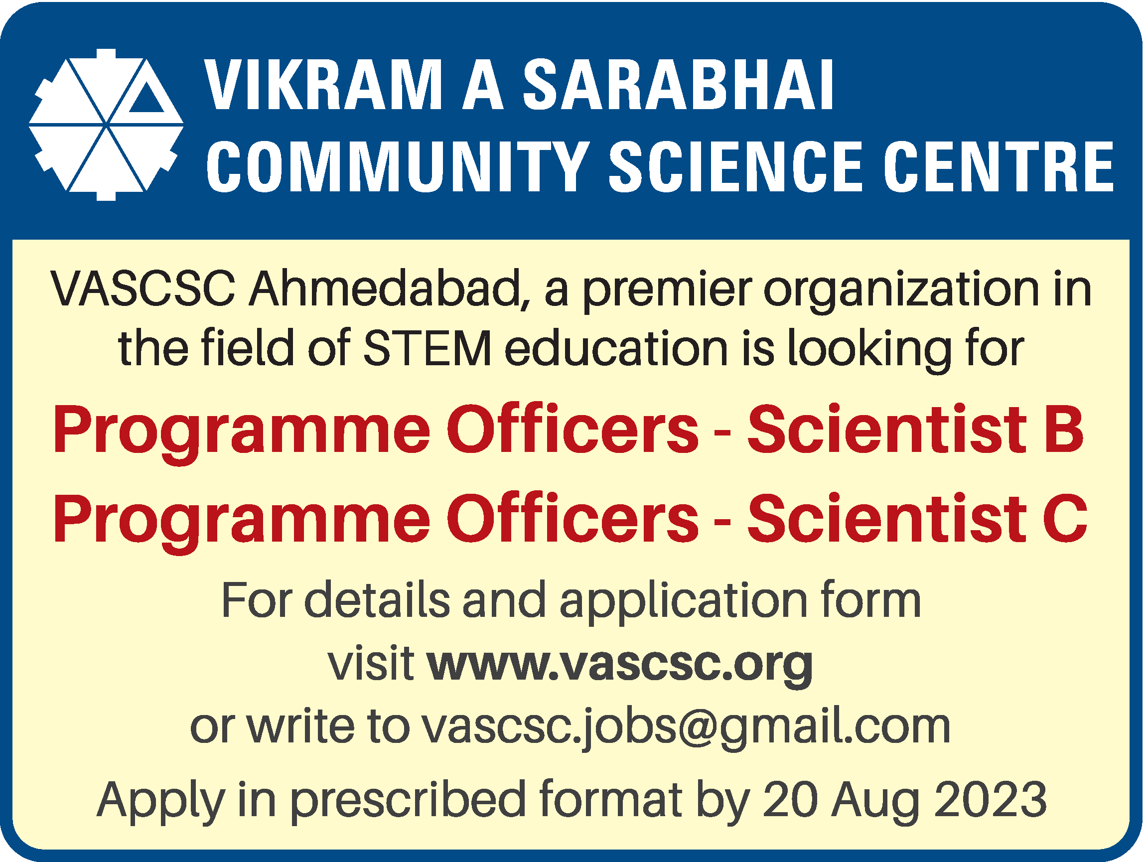 Times Ascent Ad Image for Vikram a Sarabhai Community Science Centre