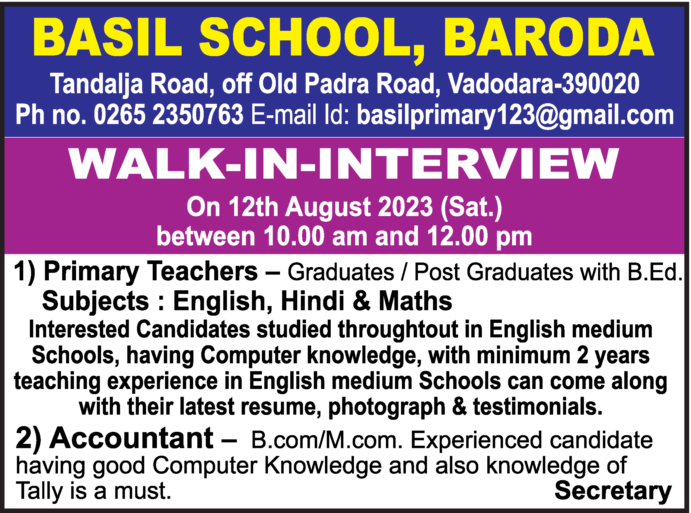 Accountant Job Vacancy At Basil School Baroda