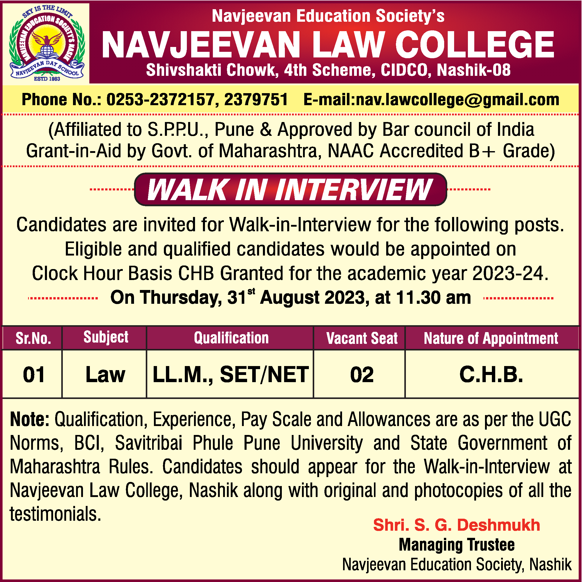 Faculty - Law job vacancy at Navjeevan Law College
