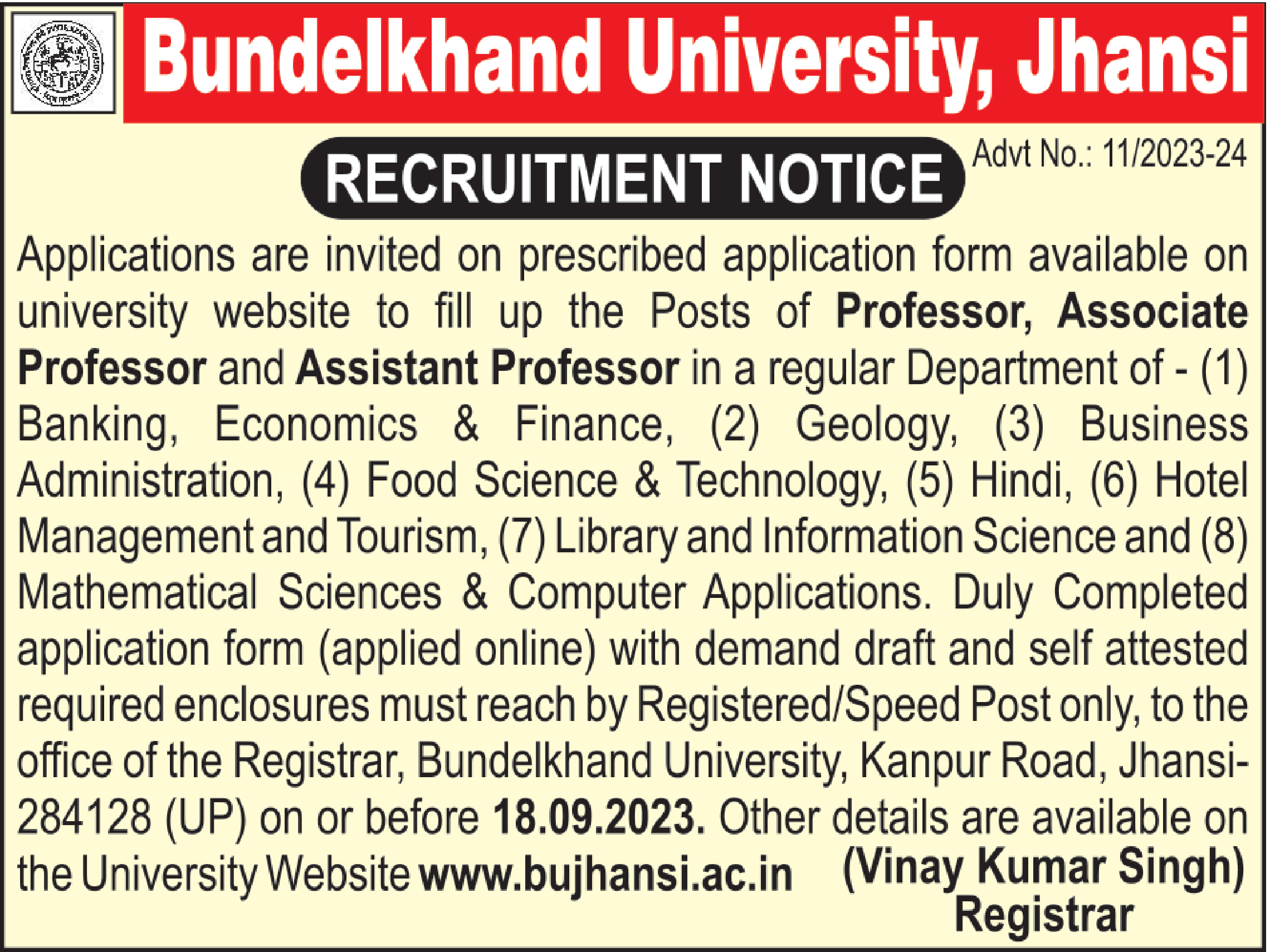 Assistant Professor job vacancy at Bundelkhand University Jhansi